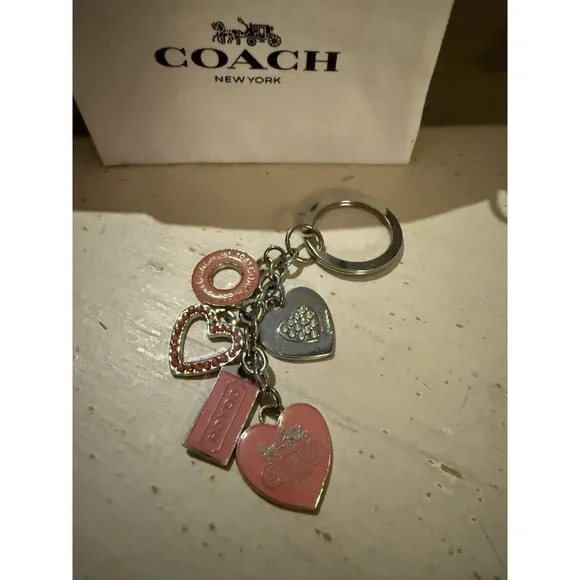 Vintage COACH Pink Pave Hearts Stars Swarovski Crystal Multi Charm Keychain Fob - Picture 3 of 5
